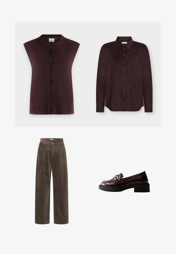 Gilet sans manches en maille marron foncé avec col rond et six boutons noirs sur le devant, étiqueté Marc O'Polo.; Chemise marron foncé à manches longues, boutonnée, avec col, coupe droite et boutons visibles, présentée sur fond blanc uni.; Pantalons larges en velours côtelé marron avec plis, présentant une texture douce et une taille mi-haute. Les finitions d'ourlet sont propres et droites.; Mocassins en cuir verni marron avec une semelle noire épaisse, dotés d'une accent en boucle dorée à l'avant et de coutures discrètes sur les côtés.