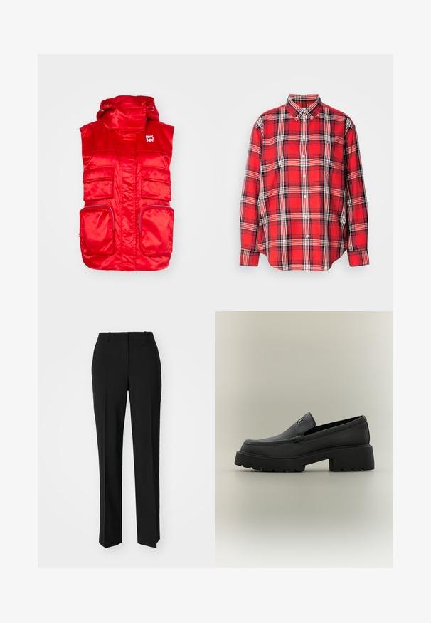 Rode mouwloze vest gemaakt van glanzend, gewatteerd materiaal; heeft meerdere voorzakken, ritssluitingen en een hoge kraag met verstelbare capuchon.; Rood geruit shirt met een button-down kraag, lange mouwen en een relaxte fit. Het patroon bevat zwarte en witte strepen binnen het ruit.; Zwarte op maat gemaakte broek met een recht model, voorzien van een soepele textuur en scherpe plooien aan de voorkant. Geen zichtbare hardware.; Zwarte leren loafer met dikke zool, blokhak en klein metalen logo op de bovenkant, weergegeven in profiel tegen een neutrale achtergrond.