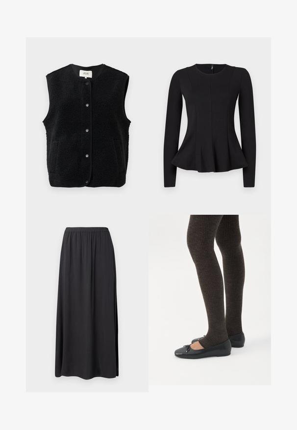 Sort fleecevest med en tekstureret overflade, rund hals, frontknapper og to sidelommer. Kantet med en glat trim.; Sort langærmet top med rund halsudskæring, der har en peplumnederdel og sømdetaljer for en struktureret pasform. Lavet af glat stof.; Sort maxiskørt lavet af blødt, flydende stof. Har en elastisk talje og sideslidser, hvilket giver en afslappet pasform og silhuet.; Ben iført mørke ribbede leggings kombineret med sorte balletsko med små sløjfedetaljer på hvid baggrund.