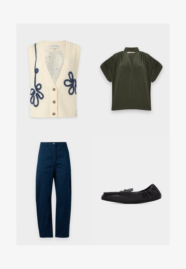 Chaleco sin mangas de punto color crema con tres botones y bordado floral en bucle azul oscuro en los lados delanteros.; Top verde oscuro de manga corta con cuello alto, escote en V, hombros fruncidos y ajuste suelto sobre un fondo claro.; Pantalones azul marino con un diseño de pierna recta, que presentan un cierre frontal con botón, dos bolsillos laterales y un acabado de tela suave y texturizada.; Mocasín plano de cuero negro con parte trasera elástica y un pequeño detalle de correa en la parte superior, visto de lado sobre un fondo blanco.