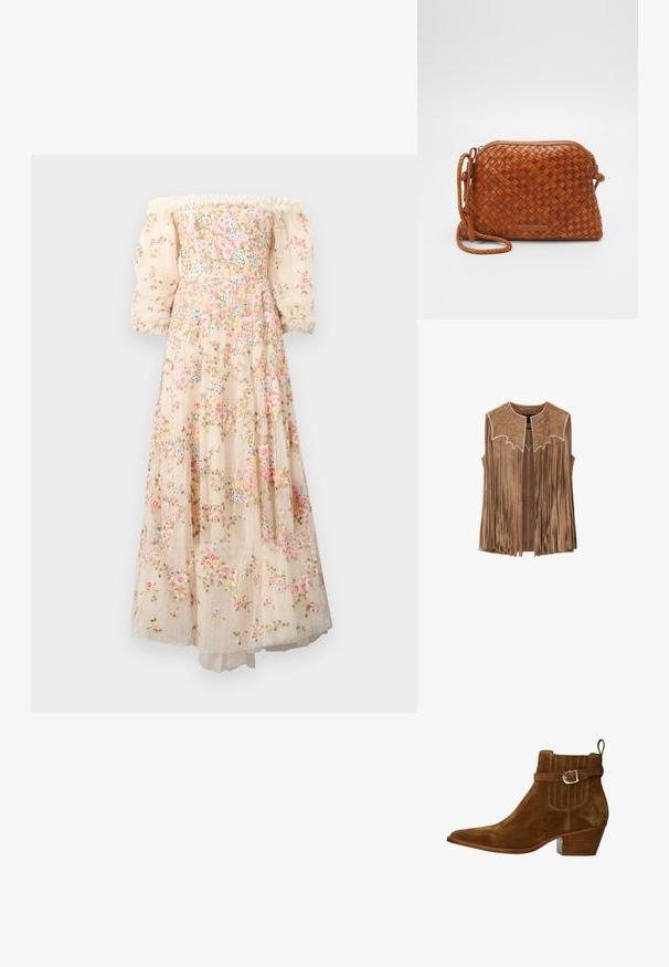 Gilet sans manches en daim marron avec franges longues et motif floral embossé d'étoiles le long du plastron, design à l'avant ouvert.; Robe décolletée, de couleur crème, avec broderies florales, manches bouffantes transparentes et une jupe superposée et fluide avec une texture à pois.; Botte de cheville en suede marron avec un bout pointu, des accents cousus et une boucle sur le côté. Elle dispose d'un talon empilé moyen et d'une languette à l'arrière.; Sac en cuir tressé marron en bandoulière avec une fermeture éclair, de forme arrondie et une poignée tressée. Il présente une petite plaque logo rectangulaire.