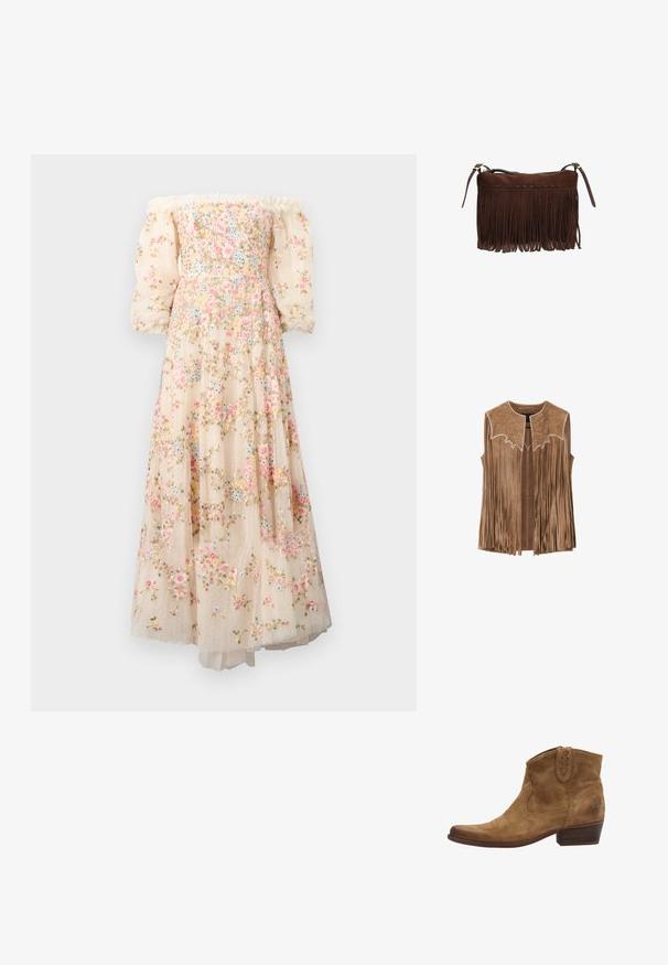 Brun ruskindærmeløs vest med lange frynser og stjernepræget blomstermønster langs skulderpartiet, åbent frontdesign.; Off-the-shoulder, cremet farvet kjole med blomsterbroderi, gennemsigtige puffærmer og en lagdelt, svævende nederdel med en prikket tekstur.; Brune ruskind ankelstøvler med spidse tæer, pyntesyninger og en kort stablet hæl. Sidestræk for nem påtagning.; Brun ruskind skuldertaske med lange frynser og justerbare remme, lynlås lukning langs øverste kant.