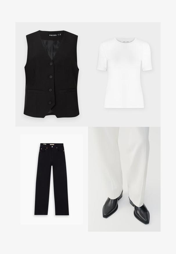 Veste sans manches noire boutonnée avec col en V, deux poches avant passepoilées, et une doublure intérieure lisse, étiquetée "PIECES".; T-shirt blanc à manches courtes avec col rond, coupe slim et texture de tissu côtelé, présenté sur un fond uni gris clair.; Jean en denim noir avec une coupe droite, cinq poches, matériel en cuivre et texture lisse. Deux étiquettes visibles sur la taille.; Bottines noires à bout pointu en cuir lisse, avec des talons bas en bloc, associées à un pantalon large blanc. Design simple et moderne.
