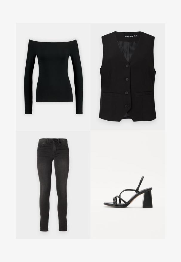 Veste sans manches noire boutonnée avec col en V, deux poches avant passepoilées, et une doublure intérieure lisse, étiquetée "PIECES".; Haut noir à manches longues avec un design dénudé d'une épaule. Fabriqué en tissu lisse, il présente une coupe ajustée et une construction sans couture.; ONLY ONLROYAL - Jeans Skinny - black denim; Sandale à talon noir avec un talon carré et épais, présentant plusieurs fines lanières sur le dessus du pied et un design à dos ouvert. Texture en cuir lisse.