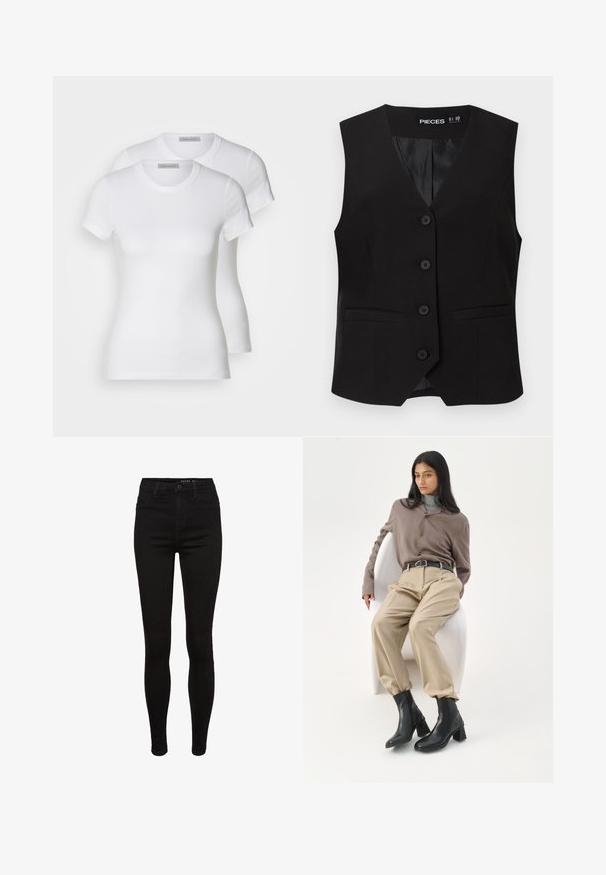Zwarte mouwloze button-down vest met V-halskraag, twee voorzakken met bies en een gladde binnenvoering, met het label "PIECES".; Twee witte katoenen t-shirts met korte mouwen, ronde halslijnen en een getailleerd silhouet, met een zachte textuur en minimalistisch ontwerp.; Zwarte denim skinny jeans met een hoge taille, vijf-pocket ontwerp, riemlussen en subtiele stikdetails. Glad textuur, figuurvormende pasvorm.; Vrouw met lang zwart haar die leunt op een witte gebogen stoel, gekleed in een taupekleurige blouse, beige broek, zwarte riem en zwarte enkellaarzen met hak.