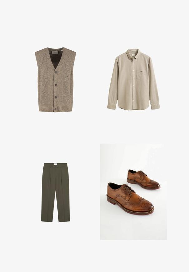 Bruine gebreide mouwloze vest met knopen, met een ruitjespatroon en ribgebreide zoom, maat groot, van het merk DSTREZZED.; Beige overhemd met lange mouwen, knoopsluiting, kraag, borstzak en een klein geborduurd logo op de zak. Het overhemd is afgebeeld tegen een effen achtergrond.; Olijfgroene broek met verticale krijtstrepen, voorzien van een op maat gemaakte taille, plooien en een rechte pijp. Gladde textuur.; Bruine leren Oxford-schoenen met geperforeerde details, vetersluiting en een ronde neus. Gladde textuur en contrasterende zool.