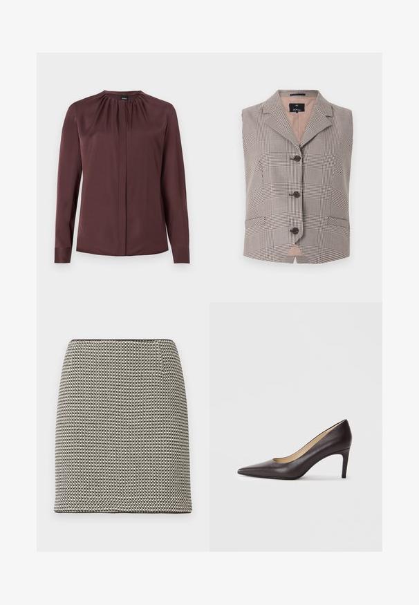 Gilet sans manches à carreaux marron et beige avec trois boutons foncés, col à revers, et deux poches passepoilées à l'avant.; Blouse à manches longues, marron foncé, avec un col froncé et des boutons avant cachés, fabriquée en tissu lisse.; Mini-jupe droite à motif pied-de-poule noir et blanc, taille haute, sans ornements ni poches visibles.; Chaussure à talon haut en cuir marron à bout pointu avec un talon fin de 7 cm, texture lisse et design minimaliste. Pas d'ornements visibles.