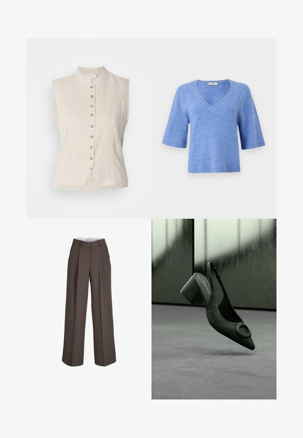 Ærmeløs beige vest i hør med ståkrave, lukkes foran med otte knapper og let V-formet kant midt foran.; Kortærmet V-hals sweater i lys blå. Lavet af blødt materiale med ribbede detaljer ved ærmerne og kanten. Løs pasform, let tekstur.; Brune vidde bukser med bæltestropper, frontlige folder og en skjult lukning foran.; Sort læder slingback højhælede sko med spids tå og rund spænde, placeret mod en grå gulv og sløret baggrund.