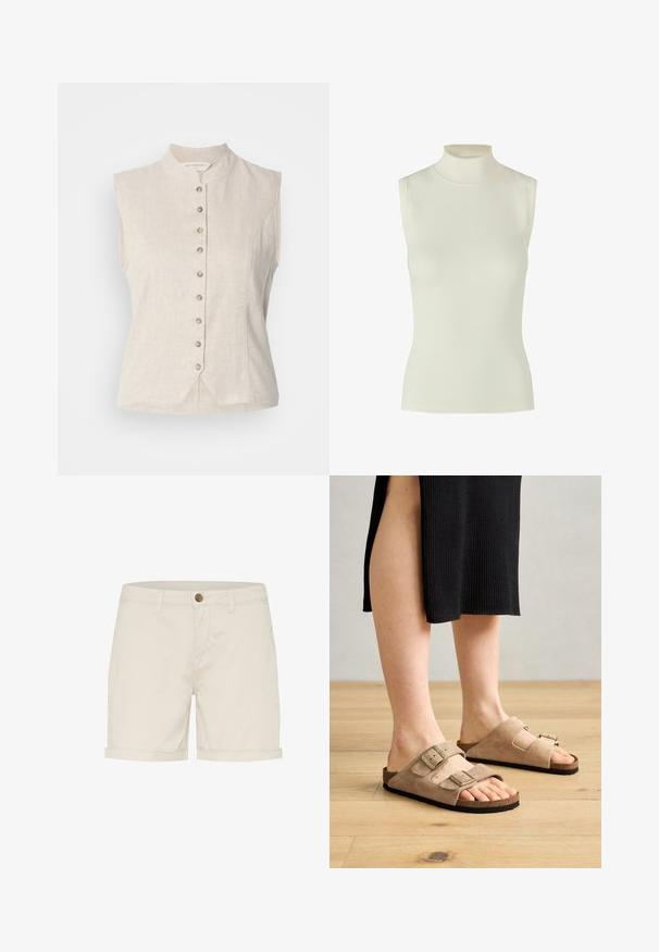 Veste sans manches en lin beige avec col officier, fermeture boutonnée devant avec huit boutons et ourlet avant en forme de V légèrement marqué au centre.; Haut sans manches col roulé crème, texture côtelée, coupe ajustée, avec un détail festonné au niveau du col et de l'ourlet.; Shorts en coton beige clair avec une fermeture à bouton, des revers pliés et des poches latérales. Texture lisse et design ajusté pour le confort.; Sandales en daim beige avec deux brides réglables, semelle en liège et semelles en caoutchouc, mises en valeur sur des pieds avec un fond en bois.