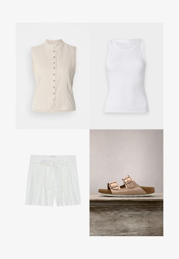 Ärmellose beige Leinenweste mit Stehkragen, durchgehender Knopfleiste mit acht Knöpfen und leicht V-förmigem Saum in der vorderen Mitte.; Weißes, geripptes Tanktop mit Rundhalsausschnitt und ärmellosem Design. Das Material wirkt glatt und hat eine figurbetonte Silhouette. Es sind keine sichtbaren Muster oder Akzente vorhanden.; Weiße Leinenshorts mit einem gebundenen Taillengürtel, seitlichen Taschen und einer lässigen Passform. Glatte Textur und einfaches Design.; Roségoldene Rutsch-Sandalen mit zwei verstellbaren Metall-Schnallen, Kork-Fußbett und weißer Gummisohle. Glatte metallische Oberfläche, offene Zehenspitze.