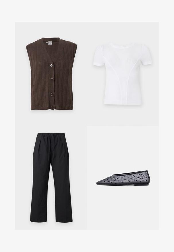 Gilet sans manches marron foncé en tricot avec côtes verticales et quatre boutons devant, avec un col en V et une petite étiquette de marque à l’intérieur du col.; T-shirt blanc en maille côtelée à manches courtes avec un col rond et des détails subtils de coutures courbes à l'avant.; Pantalon noir à jambes larges avec taille élastique et cordon ajustable, plis à l'avant et ourlet droit.; Chaussure plate noire à bout pointu, en tissu transparent avec un motif à pois noirs sur un fond clair.