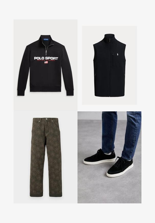 Schwarze Fleeceweste mit hohem Kragen, durchgehendem Reißverschluss, einer vertikalen Brusttasche und zwei Seitentaschen. Mit kleinem Logo auf der Brust.; Schwarzer Zip-Hoodie aus weichem Stoff mit großem weißen "POLO SPORT"-Logo, roten Akzenten und einer kleinen amerikanischen Flagge.; Dunkelgrüne Hosen mit dezentem Blumenmuster, Knopfverschluss vorne, Taschen und umgeschlagenen Säumen.; Schwarze Wildledersneaker mit einer weißen Gummisohle, die ein klassisches Low-Top-Design, eine abgerundete Spitze und flache schwarze Schnürsenkel aufweisen.
