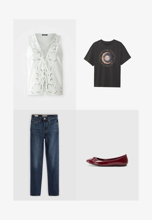 Weiße ärmellose Bluse mit floralen Spitzenausschnitten, gewellten Kanten und zwei vorderen Bindeschließen, vor einem schlichten Hintergrund.; Dunkelgraues Baumwoll-T-Shirt mit Rundhalsausschnitt und kurzen Ärmeln. Mit einem kreisförmigen Grafikdesign von Sonne und Mond sowie Text.; Dunkelblaue gerade geschnittene Jeans mit fünf Taschen, Knopf- und Reißverschluss und kontrastierenden Nähten.; Balletschuh aus glänzendem burgunderfarbenem Lackleder, mit runder Zehe und kleinem Schleifendetail an der Vorderseite. Glatte Textur, niedriger Absatz.