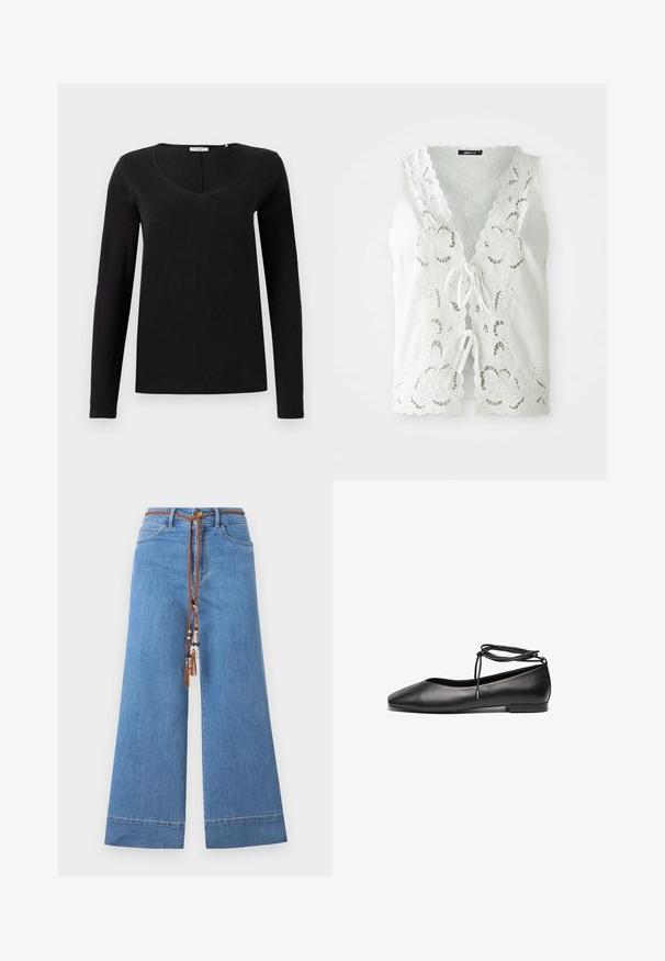Blusa blanca sin mangas con recortes de encaje floral, bordes en forma de concha y dos cierres frontales de lazo, sobre un fondo liso.; Camiseta negra de manga larga con diseño de cuello en V, hecha de una tela suave con una textura lisa. Corte simple y clásico sin adornos.; Jeans de mezclilla de pierna ancha en un tono azul claro con un cinturón ajustable trenzado marrón, que presenta cuentas decorativas y un diseño tradicional de cinco bolsillos.; Bailarinas de cuero negro con punta afilada, tacón plano y un detalle de lazo alrededor del tobillo. Textura suave, diseño minimalista.