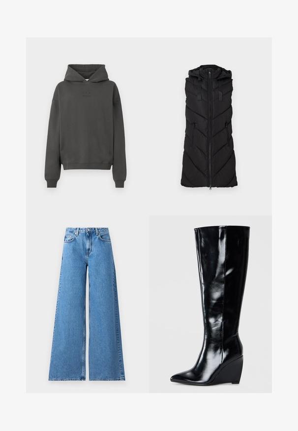 Sort, quiltet ærmeløs vest med hætte, frontlynlås og lynlåsede sidelommer, vist mod en ensfarvet lys baggrund.; Mørkegrå hoodie lavet af blødt materiale, med snøre i hætten, ribbekantede manchetter og et diskret logo trykt på fronten.; Vide ben blå denim jeans med høj talje, som har et klassisk fem-lomme design og syninger langs siderne for ekstra detalje.; Knæhøje sorte læder wedgesko med spids tå og glat finish, der har et elegant og strømlinet design.