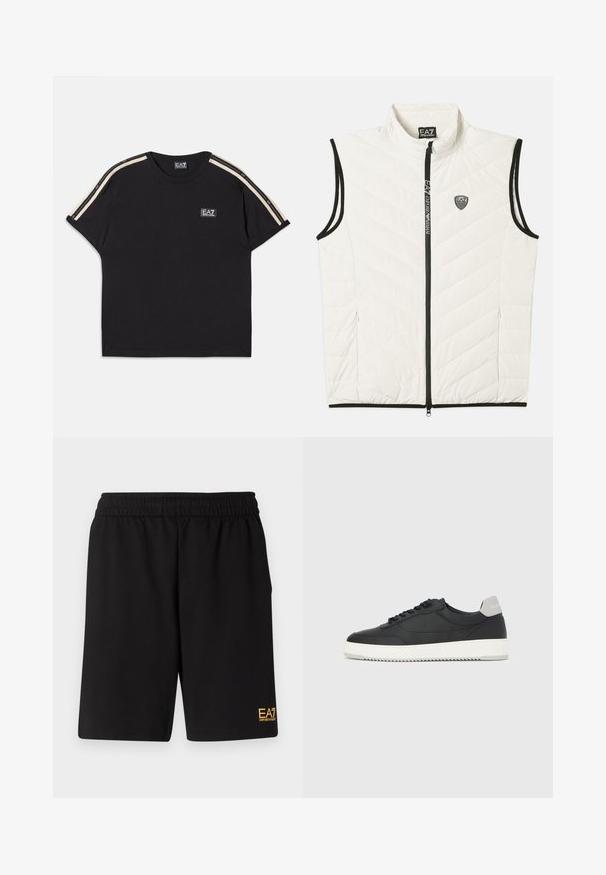 Chaleco blanco acolchado con cuello alto, cremallera frontal y ribete negro. Presenta el logo de EA7 en el pecho y un bolsillo adicional con cremallera.; Camiseta de algodón negra con mangas cortas. Presenta rayas en contraste beige en los hombros y un pequeño logotipo de la marca en el pecho.; Pantalones cortos deportivos negros de tejido suave, con una cintura elástica y un pequeño logo amarillo de EA7 en la parte inferior de la pierna izquierda.; Zapatilla deportiva negra de caña baja con suela blanca y lengüeta gris en el talón, vista lateral sobre un fondo blanco liso.