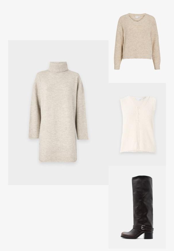 Chaleco sin mangas de color crema con escote en V, hecho de una tela texturizada, que cuenta con tres botones en la parte delantera y un dobladillo recto.; Jersey beige de punto con cuello en V y mangas largas. Presenta un patrón texturizado y un corte corto. Hecho de un material suave y cálido.; Suéter beige claro con cuello alto acanalado, mangas largas y un corte holgado. Fabricado en una tela suave con una textura lisa.; Bota alta hasta la rodilla de cuero marrón oscuro con puntera redondeada, tacón bajo de bloque y una correa decorativa con hebilla plateada cerca del tobillo.
