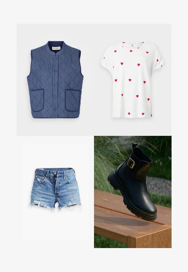 Lollys Laundry QUILTED VEST - Vesta - dark blue; Biela košeľa s krátkym rukávom a okrúhlym výstrihom, zdobená rovnomerne rozmiestnenými malými červenými srdiečkami na prednej časti a rukávoch.; Svetlomodré džínsové šortky s rozstrapkanými lemami, vysokým pásom, gombíkovým zapínaním a dvoma prednými vreckami; opotrebovaný vzhľad pridáva textúru.; Čierna kožená členková obuv s lesklým povrchom, zlatým prackovým detailom a robustnou podrážkou. Elevovaná poloha na drevenom povrchu.