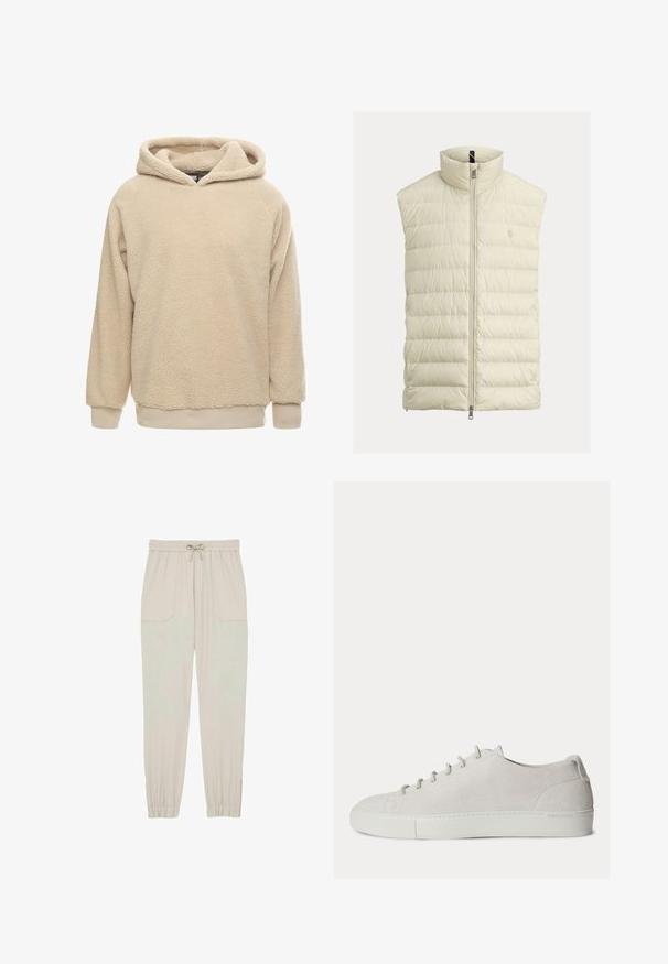 Flødefarvet quiltet ærmeløs dunvest med opretstående krave og frontlynlås, med subtilt broderet logo på brystet.; Beige fleece hoodie med en tekstureret overflade, stor hætte og ribbede manchetter og kant. Har en afslappet pasform og lange ærmer.; Lys beige joggerbukser lavet af blødt stof, med elastisk talje og snor, sidelommer og tapered ankler.; Hvid lav-sneakers i ruskind med snørelukning foran og gummisål, minimalistisk design.
