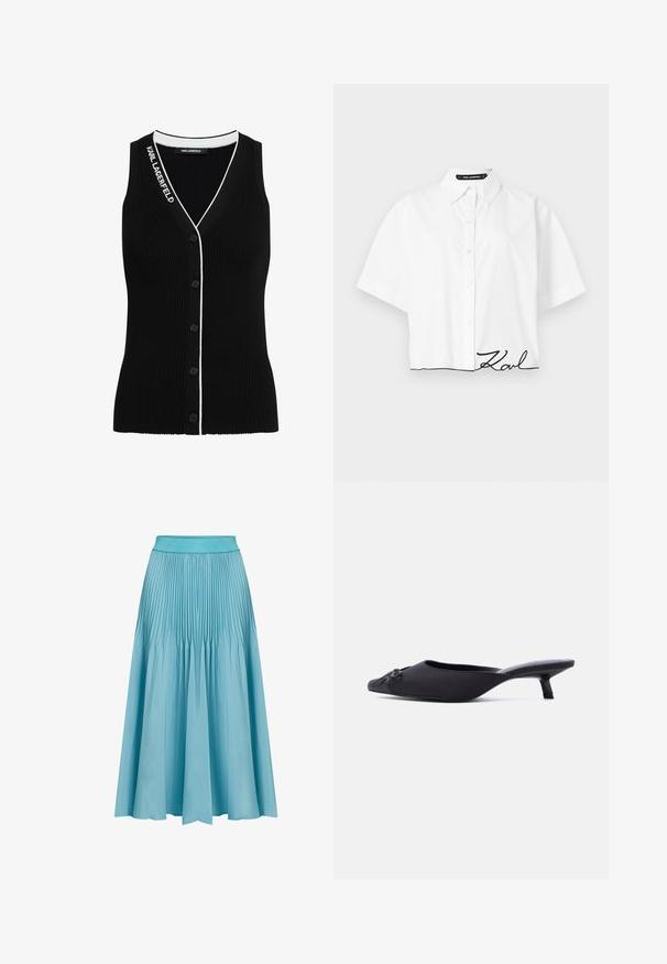 Top de tirantes negro con costillas, con escote en V, cinco botones negros en la parte delantera y ribete blanco a lo largo del escote y la tapeta de botones.; Camisa blanca de manga corta con botones y cuello, con la firma negra "Karl" bordada cerca del dobladillo inferior sobre un fondo liso.; Falda midi plisada en azul claro. Cuenta con una cinturilla ancha, forma fluida y pliegues verticales que aportan textura y movimiento.; Zapato mule para mujer negra con punta en punta, parte superior de tela, tacón bajo tipo kitten y un lazo decorativo en la parte delantera, mostrado de perfil.