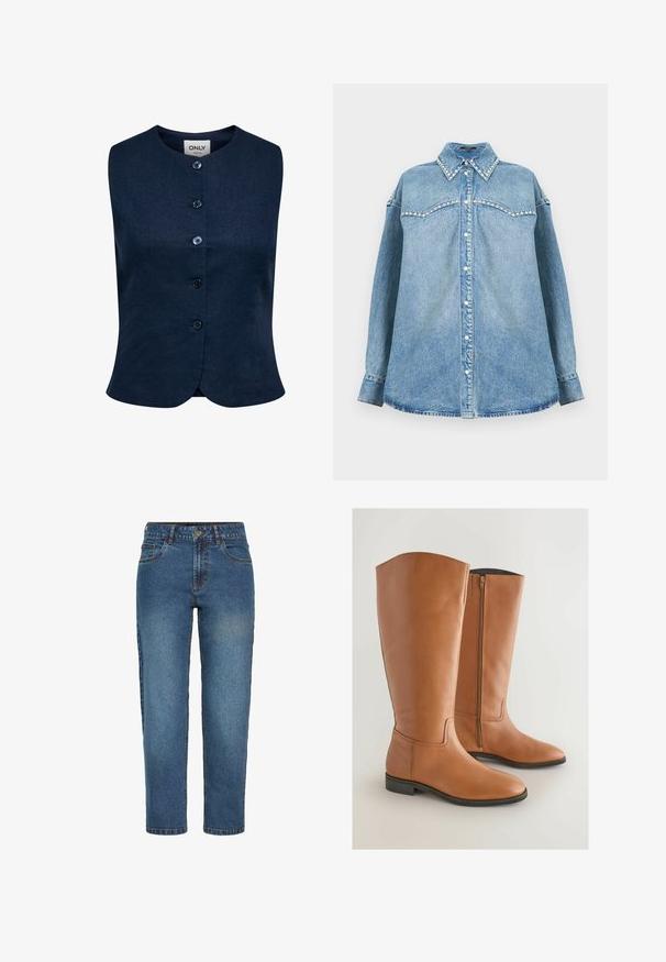 Ärmellose marineblaue Weste mit fünf dunklen Knöpfen vorne und rundem Halsausschnitt, innen am Kragen mit "ONLY" beschriftet.; Hellblaue Denimbluse mit langen Ärmeln, perlenbesetztem Kragen und Passe, durchgehender Knopfleiste und geradem Saum auf weißem Hintergrund.; Blaue High-Waist-Jeans mit geradem Bein aus Denim, vorne mit Knopf und Reißverschluss, zwei Vordertaschen und Gürtelschlaufen.; Hohe, braune Lederreitstiefel mit einem eleganten Design, runder Spitze und einem seitlichen Reißverschluss für ein einfaches An- und Ausziehen. Flache Sohlen und minimale Nähedetails.