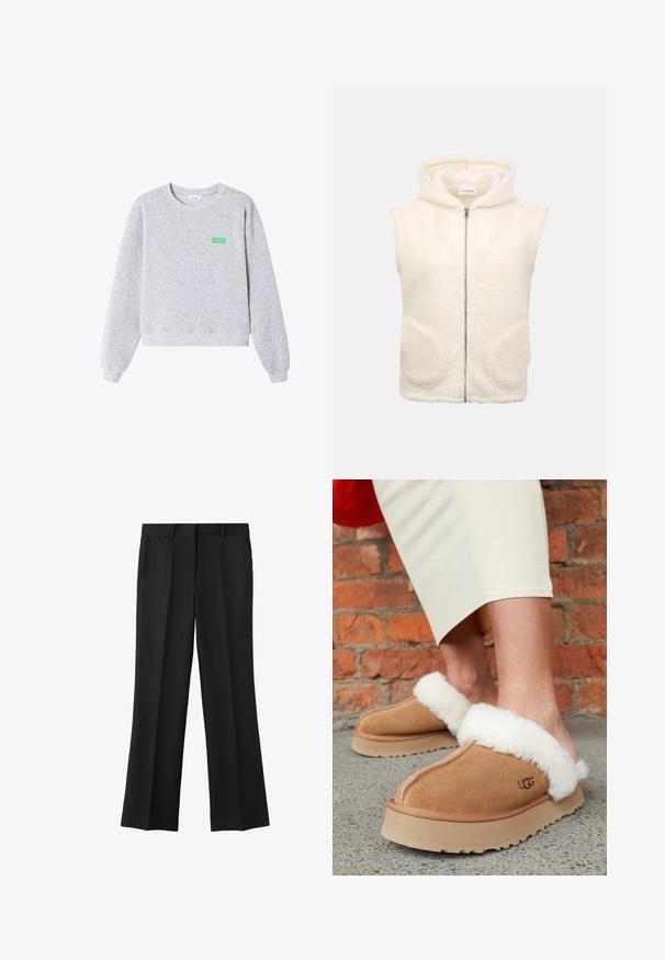 Ärmellose cremefarbene Fleeceweste mit Kapuze, Frontreißverschluss und zwei abgerundeten Fronttaschen, auf hellem Hintergrund präsentiert.; Hellgrauer Sweatshirt mit Rundhalsausschnitt und langen Ärmeln, gerippten Bündchen und Saum sowie kleinem grünen "American Vintage"-Text auf der linken Brust.; Schwarze formelle Straight-Leg-Hose mit Bügelfalte vorne, Seitentaschen und Gürtelschlaufen, vor weißem Hintergrund präsentiert.; Braune Wildlederschlappen mit weißem Schaffellbesatz. Dicke Zwischensohle und strukturierte Außensohle. UGG-Logo auf der Seite sichtbar. Lässiges Slipper-Design.
