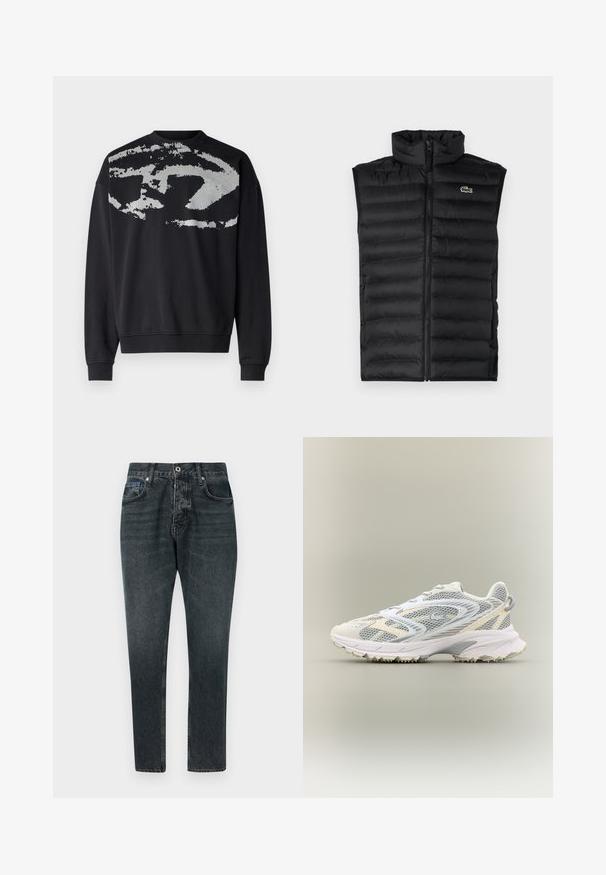 Mustad must vest, mille kõrge kaelusega, lukuga ja horisontaalsete paneelidega. Rinnal on väike Lacoste krokodilli logo.; Must Black, millel on seljal tekstuuriga abstraktne hall muster. Omab ümmargust kaelust, pikki varrukaid ja soonikuid soontega. ; Tumedad halli denim püksid otse lõikega, viie tasku, nööpkinnis ja kerge kulumine. Valmistatud puuvillast, millel on sile tekstuur.; Valge sportlik king, millel on hallid võrkdetaile, tekstuuriga kate, pehmendustega krae ja kummist sisetald, millel on väikesed haarepunktid.