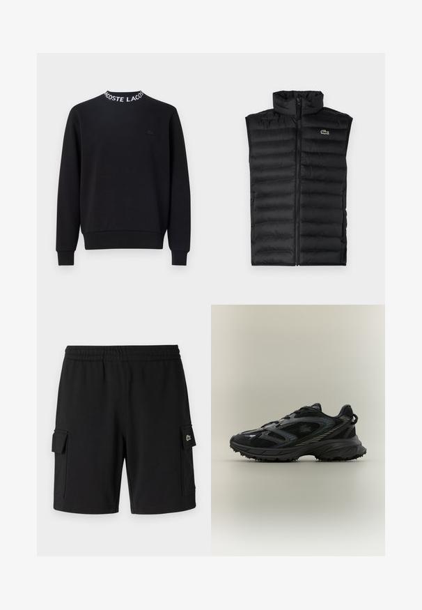 Mustad must vest, mille kõrge kaelusega, lukuga ja horisontaalsete paneelidega. Rinnal on väike Lacoste krokodilli logo.; Mustmust, millel on ümmargune kaelus valge "LACOSTE" tekstiga, soonikkoes mansetid ja äär ning väike must logo rinnal.; Mugavad mustad lühikesed püksid pehmest kangast, millel on elastne vöökoht, kaks külgpocketit ja väike logopatch ühe tasku peal.; Must have musta, millel on võrgupaneelid, tekstuuriga talla, nöörid ja kõver siluett, millel on hõbedased aktsendid külgedel.