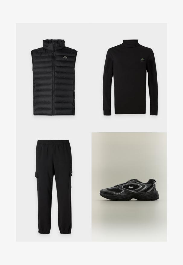 Chaleco acolchado negro con cuello alto, cierre de cremallera y paneles horizontales. Presenta un pequeño logo del cocodrilo de Lacoste en el pecho.; Suéter negro de cuello alto de manga larga, fabricado en suave algodón, con un pequeño logo de cocodrilo verde en el lado izquierdo del pecho.; Pantalones de chándal negros con cintura elástica, puños ajustados y bolsillos laterales tipo cargo. Fabricados con material suave y textura lisa.; Zapatilla deportiva negra y gris con paneles de malla, diseño de cordones, suela gruesa y un pequeño logo de cocodrilo en el costado.