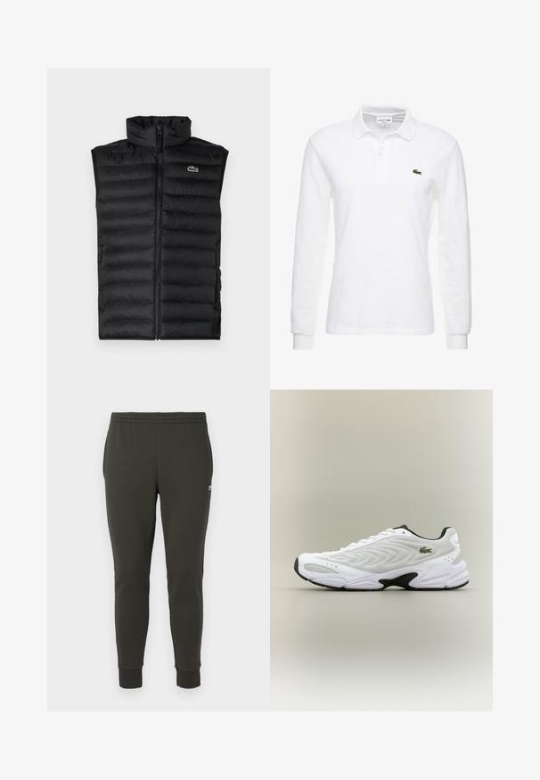 Sort dunvest med høj krave, lynlås lukning og vandrette paneler. Har et lille Lacoste krokodillelogo på brystet.; Hvid langærmet polo shirt lavet af bomuld, med en klassisk krave og et lille grønt Lacoste-logo på brystet. Glat tekstur.; Mørkegrønne joggers lavet af blødt stof, med elastisk talje, ribbede manchetter og et lille logo på siden.; Hvide atletiske sko med tekstureret mesh-overdel, buet design og kontrasterende sort ydersål. Har en grøn broderet logo på siden.
