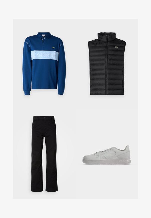 Mustad must vest, mille kõrge kaelusega, lukuga ja horisontaalsete paneelidega. Rinnal on väike Lacoste krokodilli logo.; Tumedate pikkade varrukatega polo särk helesinise horisontaalse triibuga, millel on tekst "LACOSTE", pehme kangas ja krae, kus on kolm nuppu.; Mustad puuvillased püksid sirge jala lõikega, varustatud nööpkinni ja vöökonksudega. Sile tekstuur ja minimalistlik stiil ilma nähtavate mustriteta.; Valged madalad Lacoste tossud paeltega, külje peal reljeefne logo ning tekstureeritud talla, lihtsal taustal.