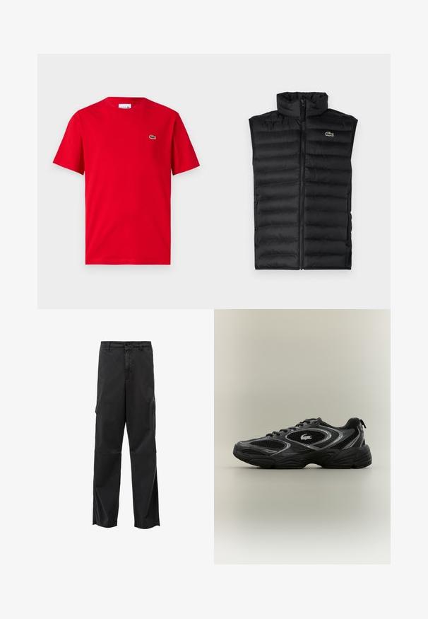 Sort dunvest med høj krave, lynlås lukning og vandrette paneler. Har et lille Lacoste krokodillelogo på brystet.; Rød bomulds T-shirt med korte ærmer, rund hals, og et lille grønt krokodillelogo på venstre bryst. Glat tekstur, afslappet pasform.; Sorte cargo bukser med lige skæring, knaplukning og sidelommer. Glat stof med mat finish og uden synlige mønstre.; Sort og grå atletisk sneaker med mesh-paneler, snørebåndsdesign, tyk sål og et lille krokodillelogo på siden.