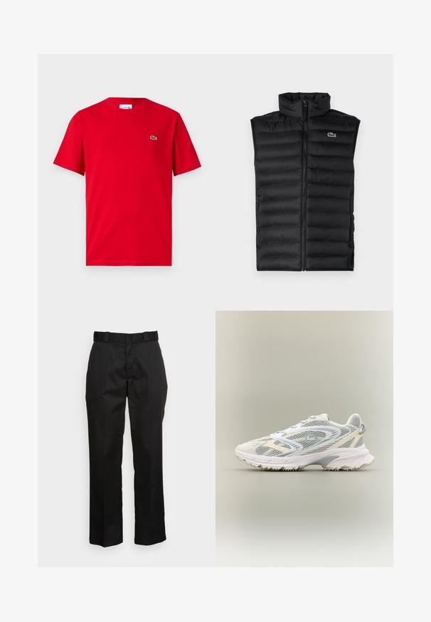 Schwarze Steppweste mit hohem Kragen, Reißverschluss und horizontalen Einsätzen. Mit kleinem Lacoste-Krokodil-Logo auf der Brust.; Rotes Baumwoll-T-Shirt mit kurzen Ärmeln, Rundhalsausschnitt und kleinem grünen Krokodil-Logo auf der linken Brust. Glatte Textur, lässige Passform.; Schwarze Hose aus einem glatten Stoff, mit einem geraden Bein Design, Gürtelschlaufen und zwei Seiten Taschen. Klassischer Look ohne Verzierungen.; Weißer Sportschuh mit grauen Netzpaneelen, strukturierten Überzügen, einem gepolsterten Kragen und einer Gummisohle mit kleinen Traktionsspikes.