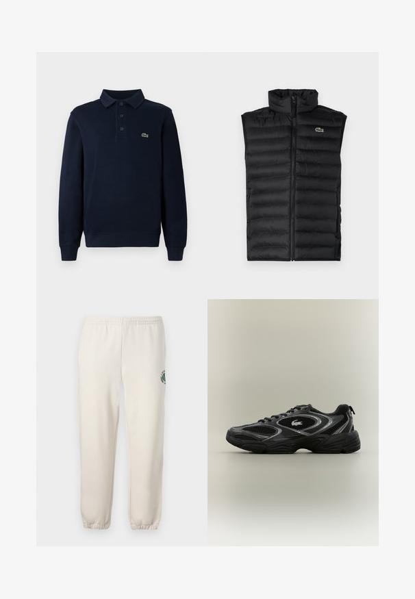 Chaleco acolchado negro con cuello alto, cierre de cremallera y paneles horizontales. Presenta un pequeño logo del cocodrilo de Lacoste en el pecho.; Camisa polo de manga larga azul marino con tapeta de botones y pequeño logo de cocodrilo verde en el pecho.; Pantalones de chándal de color beige claro, hechos de algodón, con una cinturilla elástica, puños acanalados y un logo verde con diseño de hoja en la pierna izquierda.; Zapatilla deportiva negra y gris con paneles de malla, diseño de cordones, suela gruesa y un pequeño logo de cocodrilo en el costado.