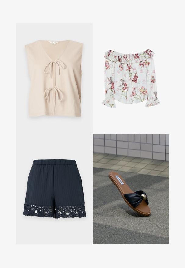 Haut beige sans manches avec un profond décolleté en V et deux nœuds noués sur le devant, fabriqué dans un tissu doux et léger.; Blouse dénudée aux épaules en tissu blanc avec un motif floral rose et vert, présentant des poignets à volants et un col à cordon.; Shorts femme bleu marine avec taille élastique et bordure en dentelle florale le long de l'ourlet sur un fond clair uni.; Sandale plate marron avec une lanière noire torsadée et un accent rond doré, étiquetée Steve Madden, reposant sur un trottoir gris près d’un mur carrelé.