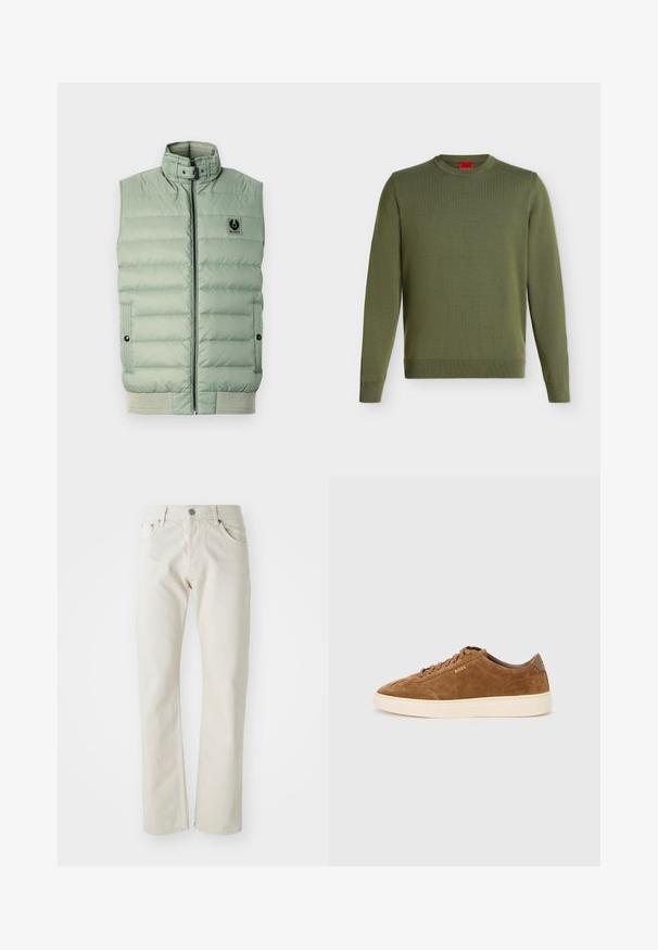 Gepolsterte, hellgrüne ärmellose Weste mit hohem Kragen, Frontreißverschluss, Seitentaschen und einem Logopatch auf der Brust. Strukturierter Stoff.; Olivgrüner Langarm-Crewneck-Pullover mit gerippten Bündchen und Saum und kleinem geprägtem "HUGO"-Logo auf der Brust.; Helle beige Jeans aus Baumwolle mit geradem Bein, fünf Taschen und silbernem Metallknopfverschluss.; Brauner Wildleder-Sneaker mit abgerundeter Spitze, cremefarbener Gummisohle und tonalen Schnürsenkeln. Verfügt über ein eingeprägtes Logo an der Seite und eine glatte Rückseite.