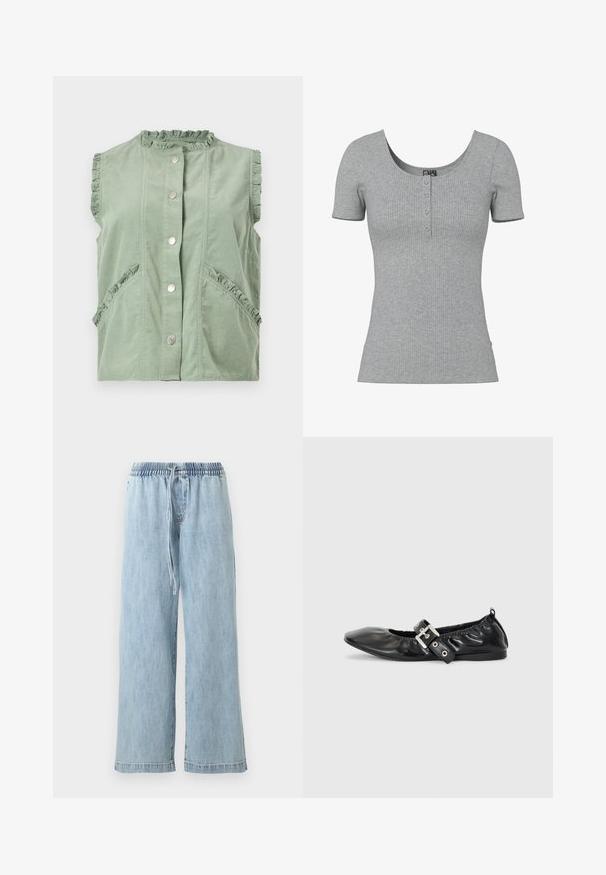 Veste sans manches vert sauge avec bords volantés sur le col, les emmanchures et les poches, dotée d'une fermeture à pression frontale.; Haut gris côtelé à manches courtes avec un col rond en U et quatre petits boutons en ligne au centre devant.; Pantalon large en denim bleu clair avec taille élastique et cordon de serrage, poches avant et coupe décontractée.; Chaussure plate en cuir noir avec un nez pointu, des détails froncés autour de l'ouverture et un accent en boucle argentée sur la bride ajustable.