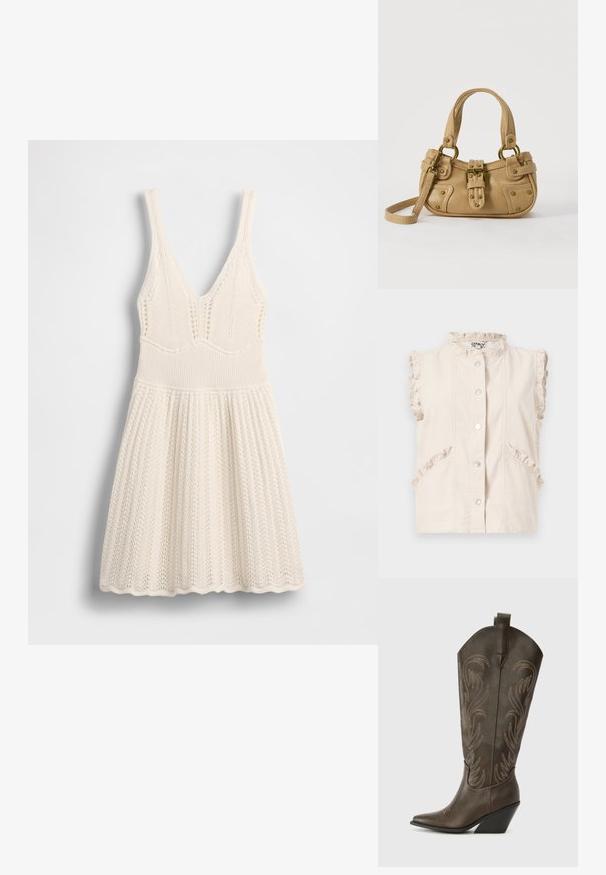 Cremesfarbenes ärmelloses Button-up-Weste mit Rüschenbesatz an Kragen, Armausschnitten und Taschen, flach auf weißem Hintergrund ausgelegt.; Strickkleid in Creme mit V-Ausschnitt, geripptem Oberteil und ausgestelltem Rock mit wellenförmigem Saum und durchgehendem Lochmuster.; Braune Leder-Cowboystiefel mit einer spitzen Zehe, Wedge-Absatz und dekorativer Stickerei. Besitzt einen hohen Schaft und eine Zuglasche.; Beige Lederhandtasche mit doppelten Griffen, Messingschnalle und Nieten, sowie verstellbarem Schultergurt vor weißem Hintergrund.