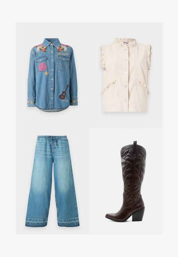 Gilet sans manches ivoire à boutons avec un bord volanté sur le col, les emmanchures et les poches, posé à plat sur un fond blanc.; Chemise en jean à boutons avec broderie florale sur les épaules, patch rose en forme de signe de paix, étoiles dorées, texte "Wrangler" et patch guitare marron sur le devant.; Pantalon en jean bleu clair à jambes larges avec une ceinture élastique et un cordon de serrage, poches avant et détails délavés subtils.; Botte de cowboy haute en cuir marron foncé avec motifs décoratifs cousus, bout pointu et talon bloc empilé.