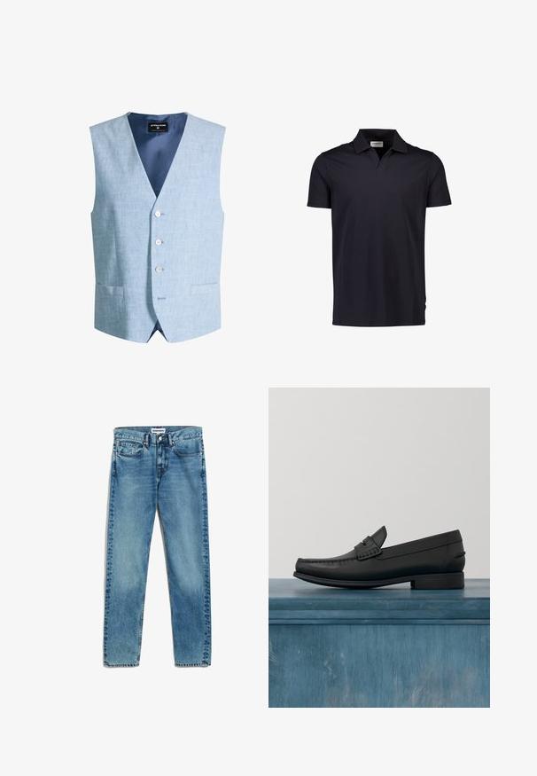 Lichtblauw linnen herenvest met drie witte knopen, voorzakken en een donkerblauwe voering, met het label Strellson.; Marineblauw poloshirt met korte mouwen gemaakt van zacht katoen, met een klassieke kraag en een rechte zoom. Minimalistisch ontwerp, zonder zichtbare patronen of versieringen.; Lichtblauwe spijkerbroek met een rechte snit, voorzien van vijf zakken, een ritsluiting en subtiele vervaging op de stof. Metaal knoopsluiting.; Zwarte leren instappers met een ronde neus, gedetailleerde stiksels en een lage, vierkante hak. Glad van textuur en minimalistisch ontwerp.