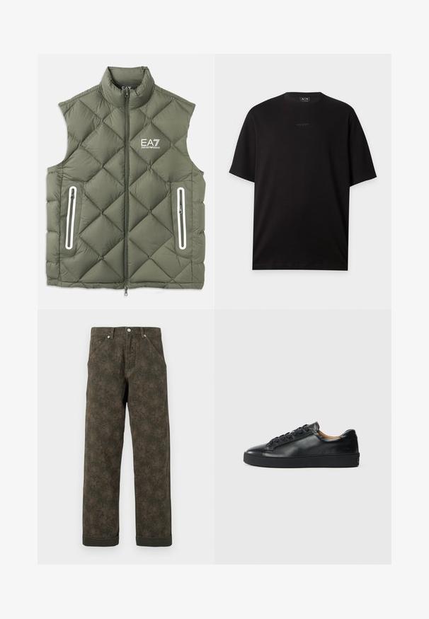 Gilet matelassé vert olive avec un col montant, une fermeture éclair devant et deux poches zippées. Présente des accents blancs et un logo sur la poitrine.; T-shirt noir manches courtes col rond avec petit logo Armani Exchange centré sur la poitrine.; Pantalons vert foncé avec un imprimé floral subtil, boutons à l'avant, poches et ourlets retroussés.; Baskets en cuir noir avec une texture lisse, bout rond et fermeture à lacets. Comprend une semelle en caoutchouc épaisse et un minimum de détails de marque.