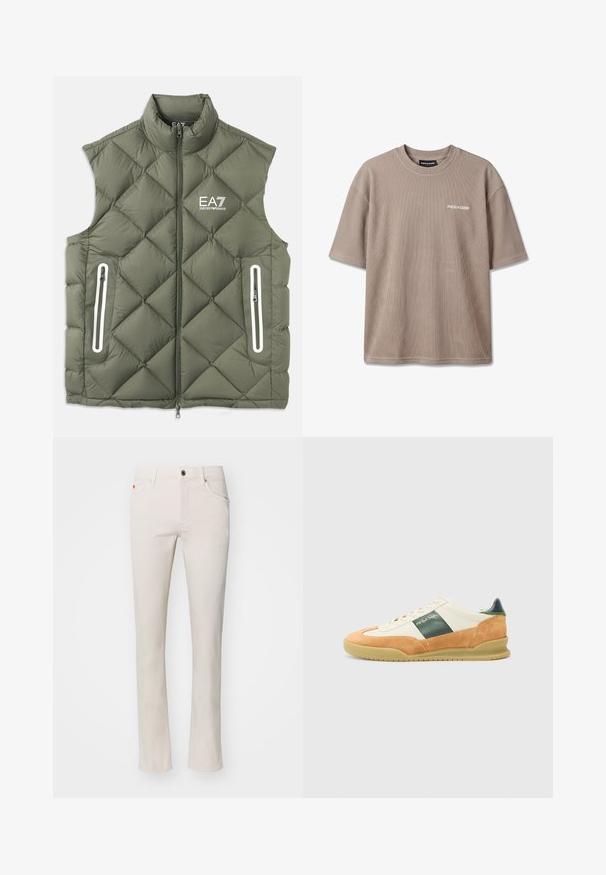 Gilet matelassé vert olive avec un col montant, une fermeture éclair devant et deux poches zippées. Présente des accents blancs et un logo sur la poitrine.; T-shirt beige côtelé à manches courtes avec col rond et logo blanc "PEGADOR" sur la poitrine gauche.; Jean droit beige en mélange de coton. Présente un design traditionnel à cinq poches et une fermeture à bouton métallique à la taille.; Baskets athlétiques blanches et beiges en matériaux suédé et cuir. Bande accent verte, semelle en caoutchouc et branding minimaliste en doré sur le côté.