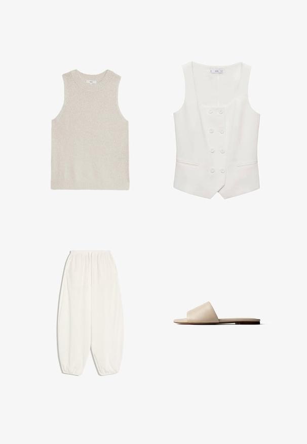 Hvid vest med rund udskæring, dobbeltrække knaplukning, to forlommer og en slank, skræddersyet silhuet.; Lys beige ærmeløs sweater med ribbet rund hals, tekstureret stof og minimalistisk design; ingen synlige logoer eller mønstre.; Hvide, løstsiddende bukser med elastisk talje og manchetter ved anklerne. Fremstillet af et let, tekstureret stof.; Beige åben tå flad sandal med bredt læderrem og tynd sål, fotograferet mod en hvid baggrund.