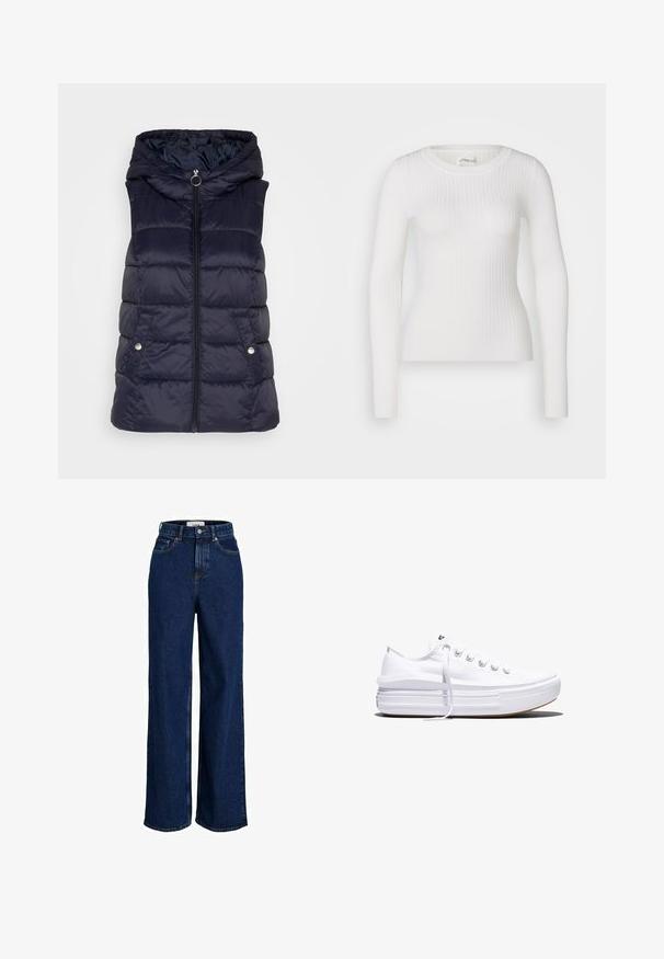 JDY JDYZULU SHORT HOOD WAISTCOAT - Weste - sky captain; Weißes langärmliges Rippoberteil mit rundem Halsausschnitt. Der Stoff ist glatt, mit einer subtilen Textur und einer figurbetonten Passform. Keine sichtbaren Beschläge oder Muster.; Dunkelblaue, hoch taillierte Jeans mit weitem Bein, vorderen Taschen, Gürtelschlaufen, Knopfverschluss und sichtbaren Nahtdetails.; Weißer Canvas-Sneaker mit niedrigem Schnitt, dicker Plateau-Sohle, vorderer Schnürung und rauer Gummikappe an der Spitze, aus seitlicher Ansicht gezeigt.