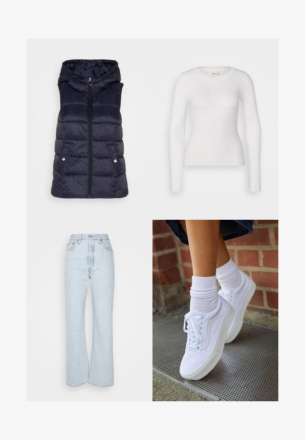 JDY JDYZULU SHORT HOOD WAISTCOAT - Vest - sky captain; Valge pikakä sleeves ribikate tipp ümarate kaelustega. Kangas on sile, omades peent tekstuuri ja istuvat disaini. Ilma nähtava riistvara või mustriteta.; Heled sinine kõrge vöökohaga teksapüksid, millel on laiad sääred, valmistatud pleekinud tekstuuriga denimist. Sisaldab viit taskut ja metallist aksessuaare.; Valged kanvas tennisikud kummitaldadega, kuue silmaga, ümmarguse varbaga ja kergete tikandite detailidega, koos valgete pahkluusokkidega.