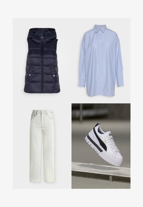 JDY JDYZULU SHORT HOOD WAISTCOAT - Γιλέκο - sky captain; Weekday VERSATILE - Πουκαμίσα με κουμπιά - white; Τζιν με ψηλή μέση και ίσια γραμμή σε ανοιχτό μπλε χρώμα, με κουμπί μπροστά, φερμουάρ και πεντάτσεπη σχεδίαση.; Λευκό αθλητικό παπούτσι πλατφόρμα Puma με μαύρη ρίγα και χρυσό λογότυπο, αιωρούμενο πάνω από τσιμεντένιο παγκάκι σε εξωτερικό χώρο.