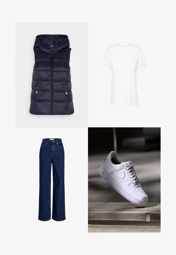 JDY JDYZULU SHORT HOOD WAISTCOAT - Vesta - sky captain; Biela bavlnená tričko s krátkymi rukávmi, okrúhlym výstrihom a voľným strihom, s hladkou textúrou a bez viditeľných vzorov.; Tmavomodré rifle s vysokým pásom a širokými nohavicami, so zadnými vreckami, pútkami na opasok, zapínaním na gombíky a viditeľnými detailmi švov.; Biele tenisky Nike Air Force 1 vznášajúce sa nad betónovým povrchom so tieňmi v minimalistickom prostredí.