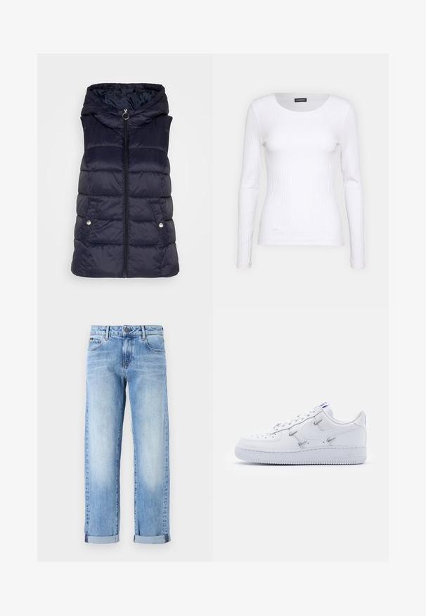 JDY JDYZULU SHORT HOOD WAISTCOAT - Weste - sky captain; Weißes geripptes Langarmoberteil mit Rundhalsausschnitt. Aus einem dehnbaren Stoff gefertigt, der den Körper umschmeichelt. Verfügt über dezente horizontale Streifen.; Hellblaue Jeans aus Denim mit hochgekrempelten Säumen, Knopf- und Reißverschluss vorne sowie klassischem Five-Pocket-Design auf weißem Hintergrund.; Nike Sportswear AIR FORCE 1 - Sneaker low - white/hyper royal/black