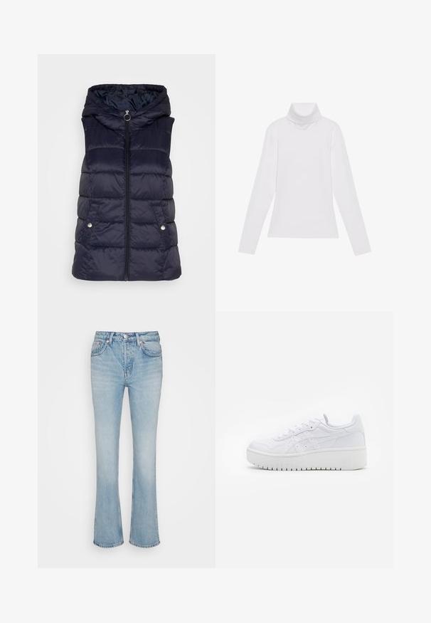 JDY JDYZULU SHORT HOOD WAISTCOAT - Vesta - sky captain; Biely dlhý rukáv v štýle roláka vyrobený z hladkej, elastickej tkaniny. Má vysoký golier a priliehavý strih, bez viditeľných vzorov alebo ozdôb.; Weekday PIN - Džínsy s rovným strihom - blue delight; Biele platformové tenisky s hladkou koženou textúrou, perforovanými detailami a plochými šnúrkami; majú hrubú bielu gumovú podrážku.