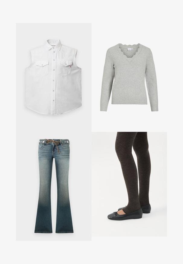 Witte mouwloze shirt van katoen denim, met een klassieke kraag, een knopsluiting aan de voorkant, twee borstzakken en subtiele rode "R" borduring.; Lichtgrijze trui met lange mouwen en een V-hals. Heeft een scalloped randafwerking en een zachte brei-textuur. Minimalistisch ontwerp.; Wijde spijkerbroeken in een verloop van licht naar donkerblauw, met een geborduurde tailleband en een bruine koordsluiting voor extra detail.; Benen met donkere geribbelde leggings gecombineerd met zwarte ballerina's met kleine strikdetails op een witte achtergrond.